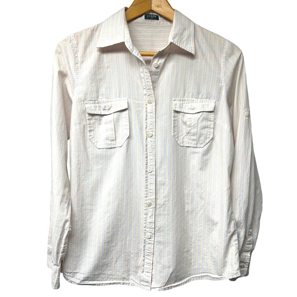 J Crew Sz Small Medium Button Up Cotton Blouse White Vertical Pastel Pinstripes